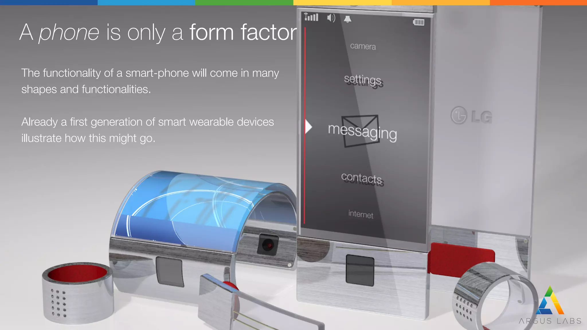 A phone is only a form factor
The functionality of a smart-phone will come in many
shapes and functionalities.

Already a ﬁrst generation of smart wearable devices
illustrate how this might go.
 