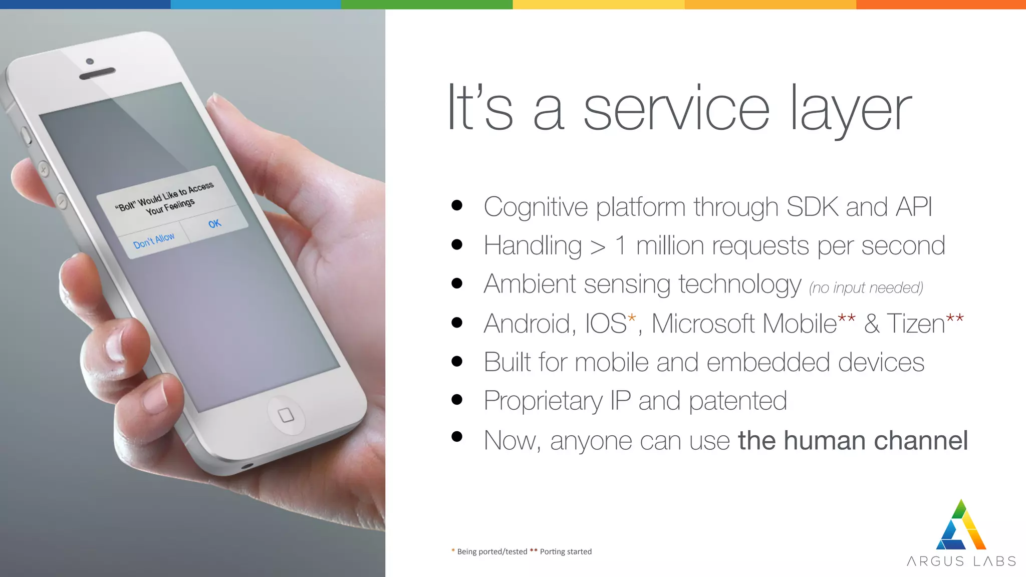 It’s a service layer

Cognitive platform through SDK and API
Handling > 1 million requests per second
Ambient sensing technology (no input needed)
Android, IOS*, Microsoft Mobile** & Tizen**
Built for mobile and embedded devices
Proprietary IP and patented
Now, anyone can use the human channel
*	
  Being	
  ported/tested	
  **	
  Por0ng	
  started	
  
 