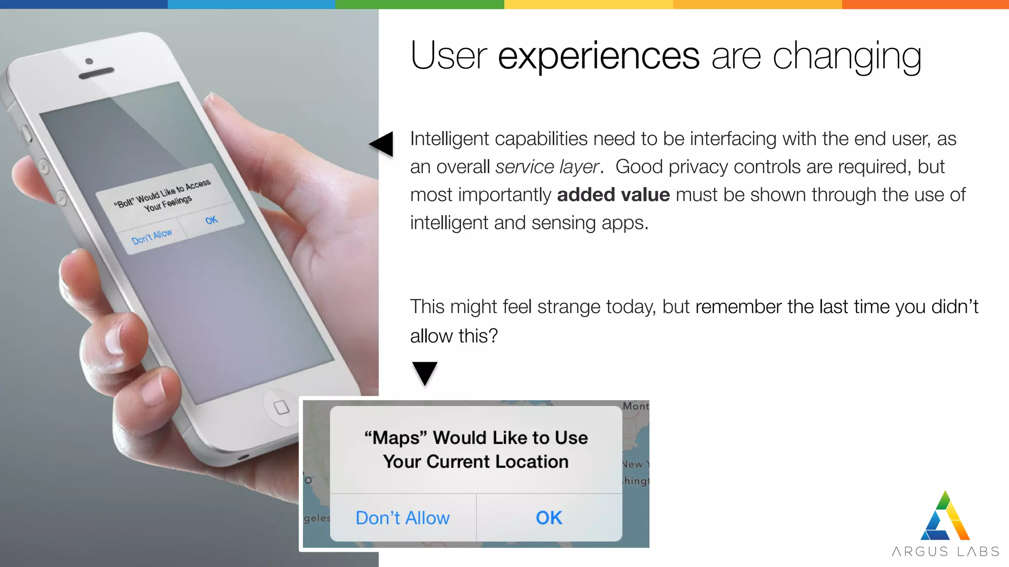 User experiences are changing
Intelligent capabilities need to be interfacing with the end user, as
an overall service layer. Good privacy controls are required, but
most importantly added value must be shown through the use of
intelligent and sensing apps.


This might feel strange today, but remember the last time you didn’t 
allow this?

 