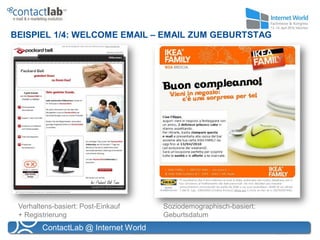 BEISPIEL 1/4: WELCOME EMAIL – EMAIL ZUM GEBURTSTAG




 Verhaltens-basiert: Post-Einkauf     Soziodemographisch-basiert:
 + Registrierung                      Geburtsdatum
        ContactLab @ Internet World
 