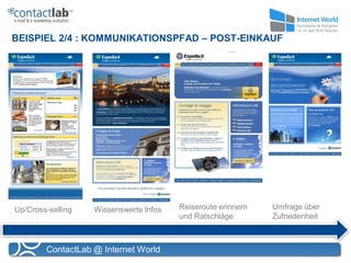 BEISPIEL 2/4 : KOMMUNIKATIONSPFAD – POST-EINKAUF




Up/Cross-selling   Wissenswerte Infos   Reiseroute erinnern   Umfrage über
                                        und Ratschläge        Zufriedenheit



        ContactLab @ Internet World
 