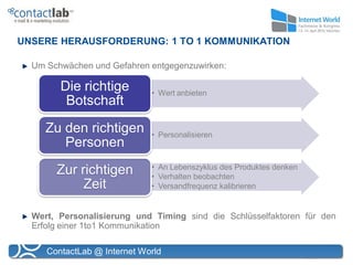 UNSERE HERAUSFORDERUNG: 1 TO 1 KOMMUNIKATION

  Um Schwächen und Gefahren entgegenzuwirken:

        Die richtige         • Wert anbieten
         Botschaft
     Zu den richtigen        • Personalisieren
        Personen
                             • An Lebenszyklus des Produktes denken
       Zur richtigen         • Verhalten beobachten
            Zeit             • Versandfrequenz kalibrieren


  Wert, Personalisierung und Timing sind die Schlüsselfaktoren für den
  Erfolg einer 1to1 Kommunikation

     ContactLab @ Internet World
 