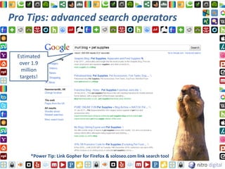 Pro Tips: advanced search operators


 Estimated
  over 1.9
   million
  targets!




      *Power Tip: Link Gopher for Firefox & soloseo.com link search tool
 