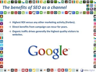 The benefits of SEO as a channel

   → Highest ROI versus any other marketing activity (Forbes).
   → Direct benefits from campaign can recur for years.
   → Organic traffic drives generally the highest quality visitors to
     websites.
 