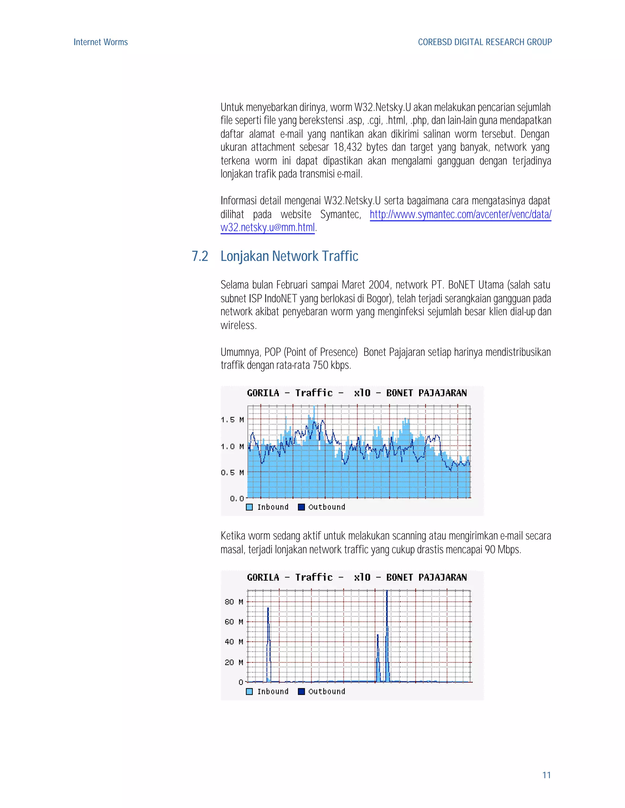Internet Worms                                                            COREBSD DIGITAL RESEARCH GROUP




                     Untuk menyebarkan dirinya, worm W32.Netsky.U akan melakukan pencarian sejumlah
                     file seperti file yang berekstensi .asp, .cgi, .html, .php, dan lain-lain guna mendapatkan
                     daftar alamat e-mail yang nantikan akan dikirimi salinan worm tersebut. Dengan
                     ukuran attachment sebesar 18,432 bytes dan target yang banyak, network yang
                     terkena worm ini dapat dipastikan akan mengalami gangguan dengan terjadinya
                     lonjakan trafik pada transmisi e-mail.

                     Informasi detail mengenai W32.Netsky.U serta bagaimana cara mengatasinya dapat
                     dilihat pada website Symantec, http://www.symantec.com/avcenter/venc/data/
                     w32.netsky.u@mm.html.

                 7.2 Lonjakan Network Traffic
                     Selama bulan Februari sampai Maret 2004, network PT. BoNET Utama (salah satu
                     subnet ISP IndoNET yang berlokasi di Bogor), telah terjadi serangkaian gangguan pada
                     network akibat penyebaran worm yang menginfeksi sejumlah besar klien dial-up dan
                     wireless.

                     Umumnya, POP (Point of Presence) Bonet Pajajaran setiap harinya mendistribusikan
                     traffik dengan rata-rata 750 kbps.




                     Ketika worm sedang aktif untuk melakukan scanning atau mengirimkan e-mail secara
                     masal, terjadi lonjakan network traffic yang cukup drastis mencapai 90 Mbps.




                                                                                                            11
 