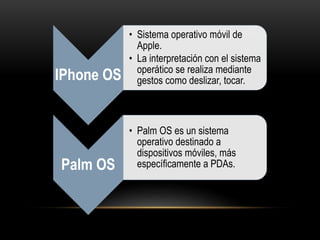 IPhone OS
• Sistema operativo móvil de
Apple.
• La interpretación con el sistema
operático se realiza mediante
gestos como deslizar, tocar.
Palm OS
• Palm OS es un sistema
operativo destinado a
dispositivos móviles, más
específicamente a PDAs.
 