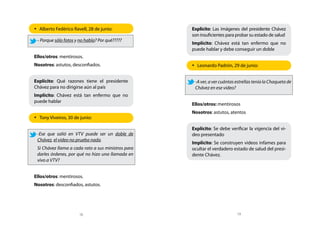 •	 Alberto Fedérico Ravell, 28 de junio:            Explícito: Las imágenes del presidente Chávez
                                                    son insuficientes para probar su estado de salud
 - Porque sólo fotos y no habla? Por qué?????
                                                    Implícito: Chávez está tan enfermo que no
                                                    puede hablar y debe conseguir un doble
Ellos/otros: mentirosos.
Nosotros: astutos, desconfiados.                    •	 Leonardo Padrón, 29 de junio:


Explícito: Qué razones tiene el presidente           -A ver, a ver cuántas estrellas tenía la Chaqueta de
Chávez para no dirigirse aún al país                 Chávez en ese video?
Implícito: Chávez está tan enfermo que no
puede hablar
                                                    Ellos/otros: mentirosos
                                                    Nosotros: astutos, atentos
•	 Tony Viveiros, 30 de junio:

                                                    Explícito: Se debe verificar la vigencia del vi-
 -Ese que salió en VTV puede ser un doble de        deo presentado
 Chávez, el video no prueba nada.
                                                    Implícito: Se construyen videos infames para
 Si Chávez llama a cada rato a sus ministros para   ocultar el verdadero estado de salud del presi-
 darles órdenes, por qué no hizo una llamada en     dente Chávez.
 vivo a VTV?


Ellos/otros: mentirosos.
Nosotros: desconfiados, astutos.




                       18                                                  19
 