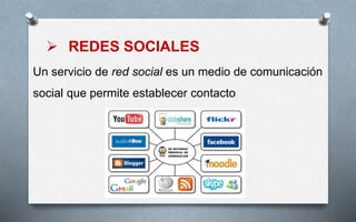  REDES SOCIALES
Un servicio de red social es un medio de comunicación
social que permite establecer contacto
 