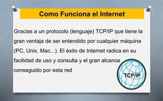 Como Funciona el Internet
Gracias a un protocolo (lenguaje) TCP/IP que tiene la
gran ventaja de ser entendido por cualquier máquina
(PC, Unix, Mac...). El éxito de Internet radica en su
facilidad de uso y consulta y el gran alcance
conseguido por esta red
 