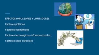 EFECTOS IMPULSORES Y LIMITADORES
Factores políticos
Factores económicos
Factores tecnológicos -infraestructurales
Factores socio-culturales
 
