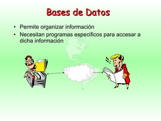 Bases de Datos Permite organizar información  Necesitan programas especificos para accesar a dicha información 