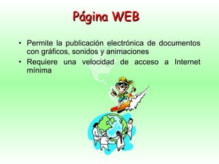 P ágina WEB Permite la publicación electrónica de documentos con gráficos, sonidos y animaciones Requiere una velocidad de acceso a Internet mínima 