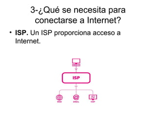 3-¿Qué se necesita para
       conectarse a Internet?
• ISP. Un ISP proporciona acceso a
  Internet.
 