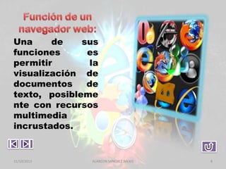 Una
de
sus
funciones
es
permitir
la
visualización de
documentos
de
texto, posibleme
nte con recursos
multimedia
incrustados.

31/10/2013

ALARCON SANCHEZ BALKIS

8

 