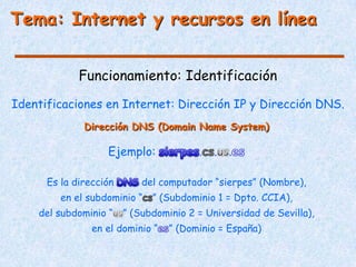 Tema: Internet y recursos en línea


             Funcionamiento: Identificación

Identificaciones en Internet: Dirección IP y Dirección DNS.
              Dirección DNS (Domain Name System)

                   Ejemplo:             . .    .

      Es la dirección       del computador “sierpes” (Nombre),
         en el subdominio “   ” (Subdominio 1 = Dpto. CCIA),
    del subdominio “    ” (Subdominio 2 = Universidad de Sevilla),
                en el dominio “   ” (Dominio = España)
 