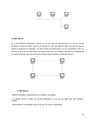 13
3.3 RED ANILLO
Es la mas difundida actualmente, consiste en unir una serie de computadoras en un circuito cerrado
formando un anillo por donde circula la información en una sola dirección, factor que permite tener un
control de recepción de mensajes. La forma interna de comunicación, de una computadora a otra, es
similar a la del canal de datos (Bus), sólo que en este caso se le añade la dirección de la computadora
que envía el mensaje para que la terminal receptora pueda contestar a la terminal emisora.
3.4 RED MALLA:
. Relativa inmunidad a congestiones en el cableado y por averías.
. Es posible orientar el tráfico por caminos alternativos en caso de que algún nodo esté averiado u
ocupado.
. Suma ventajas a la tecnología tocken ring, aun con vínculos redundantes.
 