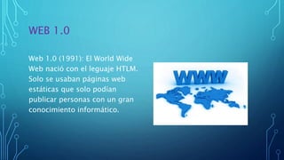 WEB 1.0
Web 1.0 (1991): El World Wide
Web nació con el leguaje HTLM.
Solo se usaban páginas web
estáticas que solo podían
publicar personas con un gran
conocimiento informático.
 