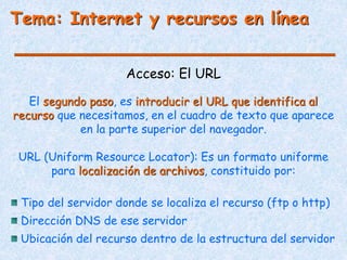 Tema: Internet y recursos en línea
Acceso: El URL
El segundo paso, es introducir el URL que identifica al
recurso que necesitamos, en el cuadro de texto que aparece
en la parte superior del navegador.
URL (Uniform Resource Locator): Es un formato uniforme
para localización de archivos, constituido por:
Tipo del servidor donde se localiza el recurso (ftp o http)
Dirección DNS de ese servidor
Ubicación del recurso dentro de la estructura del servidor
 
