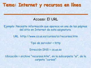 Tema: Internet y recursos en línea
Acceso: El URL
Ejemplo: Necesito información que aparece en una de las páginas
del sitio en Internet de esta asignatura.
URL http://www.cs.us.es/cursos/ai/recursos.htm
Tipo de servidor = http
Dirección DNS = cs.us.es
Ubicación = archivo “recursos.htm”, en la subcarpeta “ai”, de la
carpeta “cursos”
 