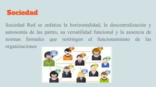 Sociedad
Sociedad Red se enfatiza la horizontalidad, la descentralización y
autonomía de las partes, su versatilidad funcional y la ausencia de
normas formales que restringen el funcionamiento de las
organizaciones
 