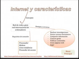 Concepto


            Red de redes, gran
           red internacional de
               ordenadores
                                                              -   Realizar investigaciones
                                                              -   Enviar correos electrónicos
           Requisitos de conexión                             -   Compartir información
                                                              -   Conocer gente
                                                              -   Publicar contenidos
                     Procesador                               -   Crear páginas web
                     Módem                                    -   Jugar
                     Línea telefónica
                     Proveedor de acceso
                                                                                           Menú
                                                                                          Principal
http://www.gatelink.net/gatelink/tips/internet/req.htm   http://definicion.de/internet/
 