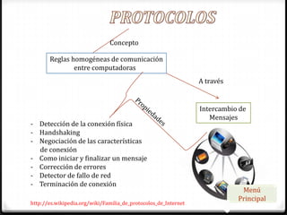 Concepto

       Reglas homogéneas de comunicación
               entre computadoras
                                                                 A través


                                                                 Intercambio de
                                                                    Mensajes
- Detección de la conexión física
- Handshaking
- Negociación de las características
  de conexión
- Como iniciar y finalizar un mensaje
- Corrección de errores
- Detector de fallo de red
- Terminación de conexión
                                                                             Menú
                                                                            Principal
http://es.wikipedia.org/wiki/Familia_de_protocolos_de_Internet
 