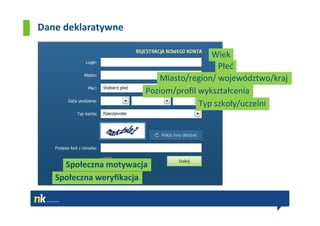 Dane deklaratywne

                                        Wiek
                                          Płeć
                           Miasto/region/ województwo/kraj
                       Poziom/profil wykształcenia
                                     Typ szkoły/uczelni




     Społeczna motywacja
   Społeczna weryfikacja
 