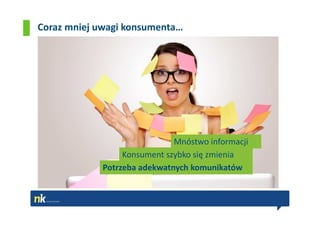 Coraz mniej uwagi konsumenta…




                             Mnóstwo informacji
                 Konsument szybko się zmienia
            Potrzeba adekwatnych komunikatów
 