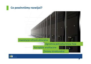 Co powinniśmy rozwijać?




     Inwestycje infrastrukturalne
                              Ogromna potrzeba know how
                    Narzędzia analityczne
                          Zmiany strukturalne
 