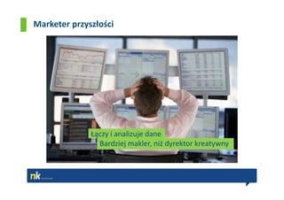 Marketer przyszłości




              Łączy i analizuje dane
                Bardziej makler, niż dyrektor kreatywny
 