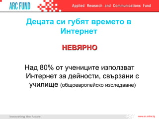 Децата си губят времето в Интернет НЕВЯРНО Над 80% от учениците използват Интернет за дейности, свързани с училище  ( общоевропейско изследване ) 