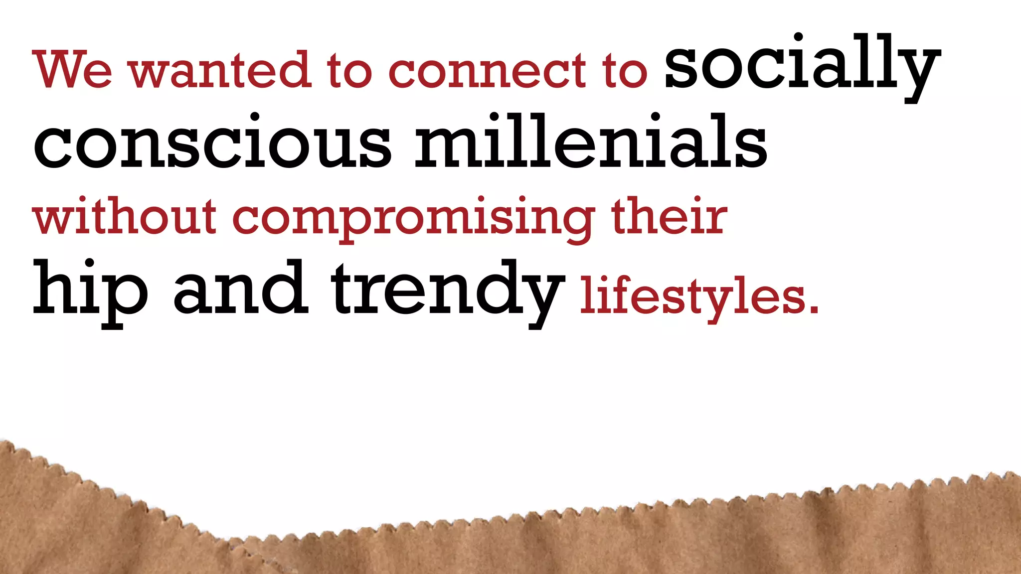 We wanted to connect to socially
conscious millenials
without compromising their
hip and trendy lifestyles.