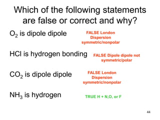44
Which of the following statements
are false or correct and why?
O2 is dipole dipole
HCl is hydrogen bonding
CO2 is dipole dipole
NH3 is hydrogen
FALSE Dipole dipole not
symmetric/polar
FALSE London
Dispersion
symmetric/nonpolar
TRUE H + N,O, or F
FALSE London
Dispersion
symmetric/nonpolar
 