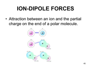 45
ION-DIPOLE FORCES
• Attraction between an ion and the partial
charge on the end of a polar molecule.
 