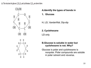 51
A.Identify the types of bonds in
1. Glucose
H, LD, VanderWal, Dip-dip
2. Cyclohexane
LD only
B.Glucose is soluble in water but
cyclohexane is not. Why?
Glucose is polar and cyclohexane is
nonpolar. Polar compounds are soluble
in polar solvent and visversa.
 