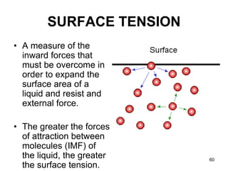 60
SURFACE TENSION
• A measure of the
inward forces that
must be overcome in
order to expand the
surface area of a
liquid and resist and
external force.
• The greater the forces
of attraction between
molecules (IMF) of
the liquid, the greater
the surface tension.
 