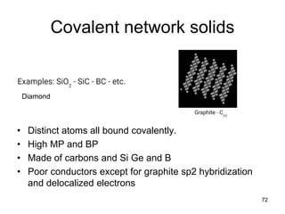 Covalent network solids
• Distinct atoms all bound covalently.
• High MP and BP
• Made of carbons and Si Ge and B
• Poor conductors except for graphite sp2 hybridization
and delocalized electrons
72
Diamond
 