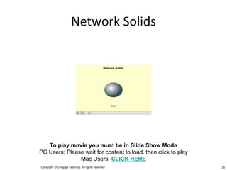 Network Solids
Copyright © Cengage Learning. All rights reserved 73
To play movie you must be in Slide Show Mode
PC Users: Please wait for content to load, then click to play
Mac Users: CLICK HERE
 