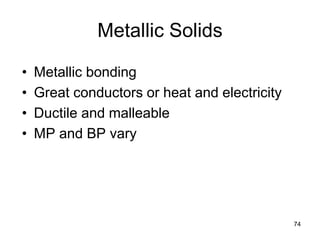 Metallic Solids
• Metallic bonding
• Great conductors or heat and electricity
• Ductile and malleable
• MP and BP vary
74
 