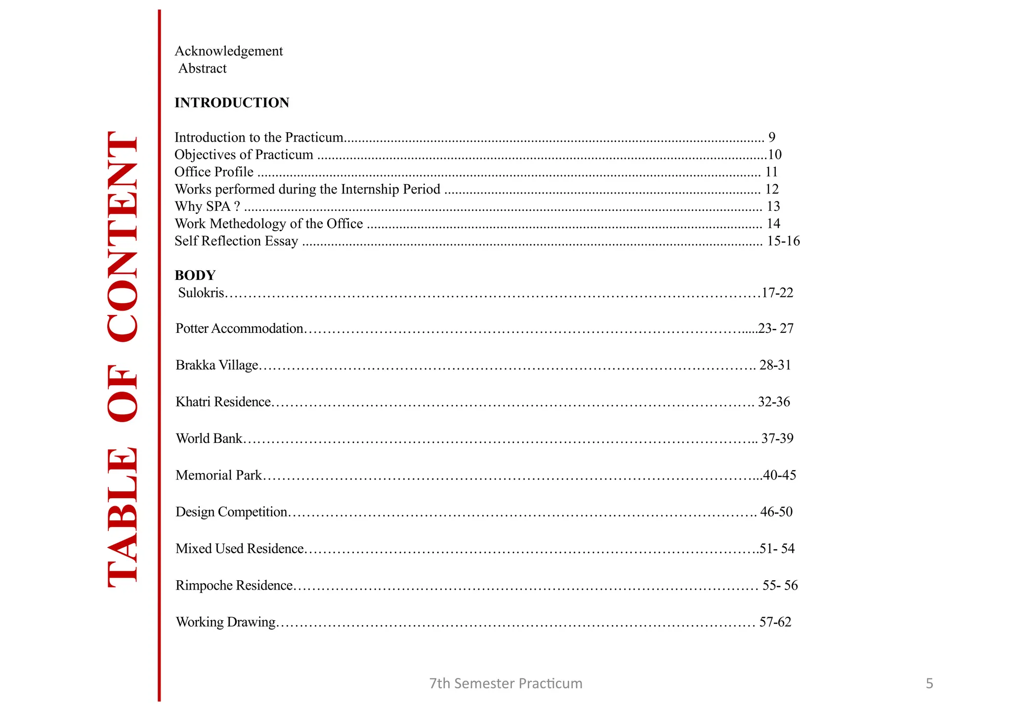 7th Semester Practicum 5
TABLE
OF
CONTENT
Acknowledgement
Abstract
INTRODUCTION
Introduction to the Practicum..................................................................................................................... 9
Objectives of Practicum .............................................................................................................................10
Office Profile ............................................................................................................................................ 11
Works performed during the Internship Period ........................................................................................ 12
Why SPA ? ................................................................................................................................................ 13
Work Methedology of the Office .............................................................................................................. 14
Self Reflection Essay ................................................................................................................................ 15-16
BODY
Sulokris……………………………………………………………………………………………………17-22
Potter Accommodation………………………………………………………………………………….....23- 27
Brakka Village……………………………………………………………………………………………. 28-31
Khatri Residence…………………………………………………………………………………………. 32-36
World Bank……………………………………………………………………………………………….. 37-39
Memorial Park…………………………………………………………………………………………...40-45
Design Competition………………………………………………………………………………………. 46-50
Mixed Used Residence…………………………………………………………………………………….51- 54
Rimpoche Residence……………………………………………………………………………………… 55- 56
Working Drawing………………………………………………………………………………………… 57-62
 