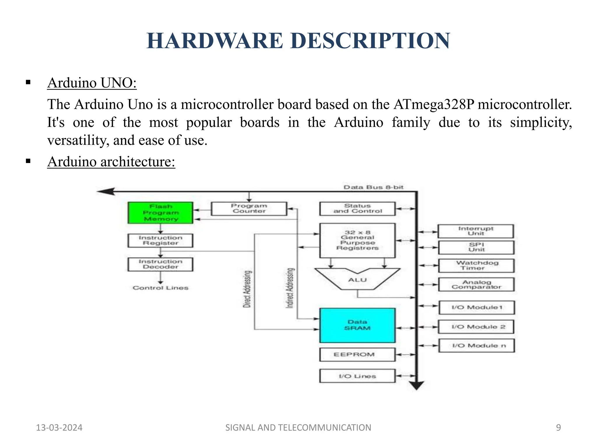 HARDWARE DESCRIPTION
13-03-2024 SIGNAL AND TELECOMMUNICATION 9
 Arduino UNO:
The Arduino Uno is a microcontroller board based on the ATmega328P microcontroller.
It's one of the most popular boards in the Arduino family due to its simplicity,
versatility, and ease of use.
 Arduino architecture:
 