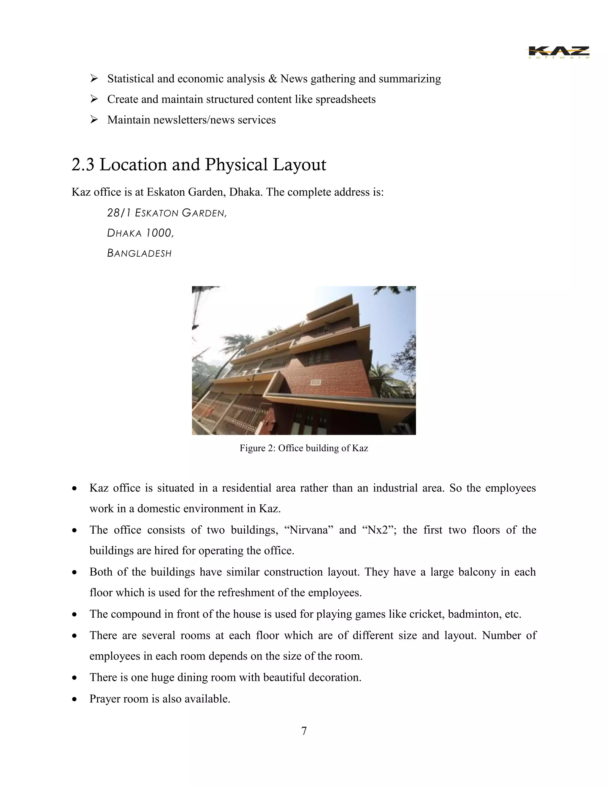 7 
 Statistical and economic analysis & News gathering and summarizing 
 Create and maintain structured content like spreadsheets 
 Maintain newsletters/news services 
2.3 Location and Physical Layout 
Kaz office is at Eskaton Garden, Dhaka. The complete address is: 
28/1 ESKATON GARDEN, 
DHAKA 1000, 
BANGLADESH 
Figure 2: Office building of Kaz 
 Kaz office is situated in a residential area rather than an industrial area. So the employees work in a domestic environment in Kaz. 
 The office consists of two buildings, “Nirvana” and “Nx2”; the first two floors of the buildings are hired for operating the office. 
 Both of the buildings have similar construction layout. They have a large balcony in each floor which is used for the refreshment of the employees. 
 The compound in front of the house is used for playing games like cricket, badminton, etc. 
 There are several rooms at each floor which are of different size and layout. Number of employees in each room depends on the size of the room. 
 There is one huge dining room with beautiful decoration. 
 Prayer room is also available.  
