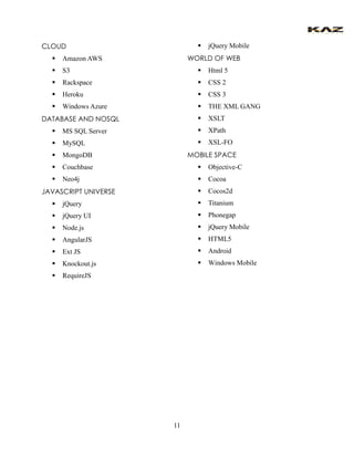 11 
CLOUD 
 Amazon AWS 
 S3 
 Rackspace 
 Heroku 
 Windows Azure 
DATABASE AND NOSQL 
 MS SQL Server 
 MySQL 
 MongoDB 
 Couchbase 
 Neo4j 
JAVASCRIPT UNIVERSE 
 jQuery 
 jQuery UI 
 Node.js 
 AngularJS 
 Ext JS 
 Knockout.js 
 RequireJS 
 jQuery Mobile 
WORLD OF WEB 
 Html 5 
 CSS 2 
 CSS 3 
 THE XML GANG 
 XSLT 
 XPath 
 XSL-FO 
MOBILE SPACE 
 Objective-C 
 Cocoa 
 Cocos2d 
 Titanium 
 Phonegap 
 jQuery Mobile 
 HTML5 
 Android 
 Windows Mobile 
 