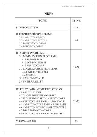 RESEARCH INTERNSHIP REPORT
2
INDEX
TOPIC Pg. No.
I. INTRODUCTION 3-4
II. PERMUTATION PROBLEMS
2.1 HAMILTONIAN PATH
2.2 HAMILTONIAN CYCLE
2.3 3-VERTEX COLORING
2.4 3-EDGE COLORING
5-9
III. SUBSET PROBLEMS
3.1 MINIMIZATION PROBLEMS
3.1.1 STEINER TREE
3.1.2 DOMINATING SET
3.1.3 VERTEX COVER
3.2 MAXIMIZATION PROBLEMS
3.2.1 INDEPENDENT SET
3.2.2 CLIQUE
3.3 EXACT-3-COVER
3.4 SATISFIABILITY
10-20
IV. POLYNOMIAL-TIME REDUCTIONS
4.1 3-SAT TO CLIQUE
4.2 CLIQUE TO INDEPENDENT SET
4.3 INDEPENDENT SET TO VERTEX COVER
4.4 VERTEX COVER TO HAMILTON CYCLE
4.5 HAMILTON CYCLE TO HAMILTON PATH
4.6 HAMILTON PATH TO HAMILTON CYCLE
4.7 3-SAT TO EXACT-3-COVER
4.8 VERTEX COVER TO DOMINATING SET
21-33
V. CONCLUSION 34
 