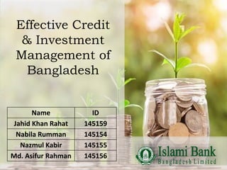 Name ID
Jahid Khan Rahat 145159
Nabila Rumman 145154
Nazmul Kabir 145155
Md. Asifur Rahman 145156
Effective Credit
& Investment
Management of
Bangladesh
 