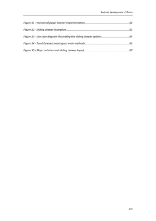 Android development - VPorto
xvii
Figure	
  51	
  -­‐	
  Horizontal	
  pager	
  listener	
  implementation	
  ............................................................	
  62	
  
Figure	
  52	
  -­‐	
  Sliding	
  drawer	
  ilustration	
  ......................................................................................	
  63	
  
Figure	
  53	
  -­‐	
  Use	
  case	
  diagram	
  illustrating	
  the	
  sliding	
  drawer	
  options	
  .....................................	
  64	
  
Figure	
  54	
  -­‐	
  TouchDrwaerLinearLayout	
  main	
  methods	
  ............................................................	
  65	
  
Figure	
  55	
  -­‐	
  Map	
  container	
  and	
  sliding	
  drawer	
  layout	
  .............................................................	
  67	
  
 