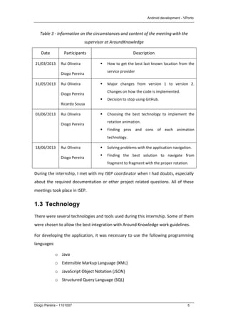 Android development - VPorto
Diogo Pereira - 1101007 5
Table	
  3	
  -­‐	
  Information	
  on	
  the	
  circumstances	
  and	
  content	
  of	
  the	
  meeting	
  with	
  the	
  
supervisor	
  at	
  AroundKnowledge	
  
Date	
   Participants	
   Description	
  
21/03/2013	
   Rui	
  Oliveira	
  
Diogo	
  Pereira	
  
§ How	
  to	
  get	
  the	
  best	
  last	
  known	
  location	
  from	
  the	
  
service	
  provider	
  
31/05/2013	
   Rui	
  Oliveira	
  
Diogo	
  Pereira	
  
Ricardo	
  Sousa	
  
§ Major	
   changes	
   from	
   version	
   1	
   to	
   version	
   2.	
  
Changes	
  on	
  how	
  the	
  code	
  is	
  implemented.	
  
§ Decision	
  to	
  stop	
  using	
  GitHub.	
  
03/06/2013	
   Rui	
  Oliveira	
  
Diogo	
  Pereira	
  
§ Choosing	
   the	
   best	
   technology	
   to	
   implement	
   the	
  
rotation	
  animation.	
  
§ Finding	
   pros	
   and	
   cons	
   of	
   each	
   animation	
  
technology.	
  
18/06/2013	
   Rui	
  Oliveira	
  
Diogo	
  Pereira	
  
§ Solving	
  problems	
  with	
  the	
  application	
  navigation.	
  
§ Finding	
   the	
   best	
   solution	
   to	
   navigate	
   from	
  
fragment	
  to	
  fragment	
  with	
  the	
  proper	
  rotation.	
  
During	
  the	
  internship,	
  I	
  met	
  with	
  my	
  ISEP	
  coordinator	
  when	
  I	
  had	
  doubts,	
  especially	
  
about	
  the	
  required	
  documentation	
  or	
  other	
  project	
  related	
  questions.	
  All	
  of	
  these	
  
meetings	
  took	
  place	
  in	
  ISEP.	
  
1.3 Technology
There	
  were	
  several	
  technologies	
  and	
  tools	
  used	
  during	
  this	
  internship.	
  Some	
  of	
  them	
  
were	
  chosen	
  to	
  allow	
  the	
  best	
  integration	
  with	
  Around	
  Knowledge	
  work	
  guidelines.	
  
For	
  developing	
  the	
  application,	
  it	
  was	
  necessary	
  to	
  use	
  the	
  following	
  programming	
  
languages:	
  
o Java	
  	
  
o Extensible	
  Markup	
  Language	
  (XML)	
  
o JavaScript	
  Object	
  Notation	
  (JSON)	
  
o Structured	
  Query	
  Language	
  (SQL)	
  
	
  
 
