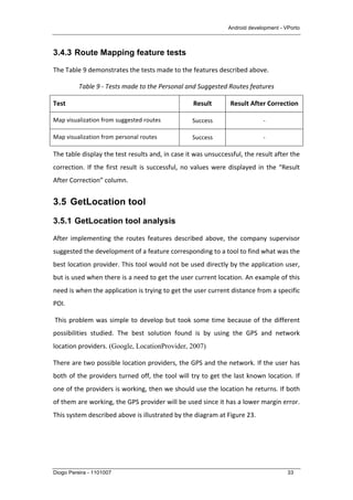 Android development - VPorto
Diogo Pereira - 1101007 33
3.4.3 Route Mapping feature tests
The	
  Table	
  9	
  demonstrates	
  the	
  tests	
  made	
  to	
  the	
  features	
  described	
  above.	
  	
  
Table	
  9	
  -­‐	
  Tests	
  made	
  to	
  the	
  Personal	
  and	
  Suggested	
  Routes	
  features	
  
Test	
   Result	
   Result	
  After	
  Correction	
  
Map	
  visualization	
  from	
  suggested	
  routes	
   Success	
   -­‐	
  
Map	
  visualization	
  from	
  personal	
  routes	
   Success	
   -­‐	
  
The	
  table	
  display	
  the	
  test	
  results	
  and,	
  in	
  case	
  it	
  was	
  unsuccessful,	
  the	
  result	
  after	
  the	
  
correction.	
  If	
  the	
  first	
  result	
  is	
  successful,	
  no	
  values	
  were	
  displayed	
  in	
  the	
  “Result	
  
After	
  Correction”	
  column.	
  
3.5 GetLocation tool
3.5.1 GetLocation tool analysis
After	
   implementing	
   the	
   routes	
   features	
   described	
   above,	
   the	
   company	
   supervisor	
  
suggested	
  the	
  development	
  of	
  a	
  feature	
  corresponding	
  to	
  a	
  tool	
  to	
  find	
  what	
  was	
  the	
  
best	
  location	
  provider.	
  This	
  tool	
  would	
  not	
  be	
  used	
  directly	
  by	
  the	
  application	
  user,	
  
but	
  is	
  used	
  when	
  there	
  is	
  a	
  need	
  to	
  get	
  the	
  user	
  current	
  location.	
  An	
  example	
  of	
  this	
  
need	
  is	
  when	
  the	
  application	
  is	
  trying	
  to	
  get	
  the	
  user	
  current	
  distance	
  from	
  a	
  specific	
  
POI.	
  
	
  This	
  problem	
  was	
  simple	
  to	
  develop	
  but	
  took	
  some	
  time	
  because	
  of	
  the	
  different	
  
possibilities	
   studied.	
   The	
   best	
   solution	
   found	
   is	
   by	
   using	
   the	
   GPS	
   and	
   network	
  
location	
  providers. (Google, LocationProvider, 2007)	
  
There	
  are	
  two	
  possible	
  location	
  providers,	
  the	
  GPS	
  and	
  the	
  network.	
  If	
  the	
  user	
  has	
  
both	
  of	
  the	
  providers	
  turned	
  off,	
  the	
  tool	
  will	
  try	
  to	
  get	
  the	
  last	
  known	
  location.	
  If	
  
one	
  of	
  the	
  providers	
  is	
  working,	
  then	
  we	
  should	
  use	
  the	
  location	
  he	
  returns.	
  If	
  both	
  
of	
  them	
  are	
  working,	
  the	
  GPS	
  provider	
  will	
  be	
  used	
  since	
  it	
  has	
  a	
  lower	
  margin	
  error.	
  
This	
  system	
  described	
  above	
  is	
  illustrated	
  by	
  the	
  diagram	
  at	
  Figure	
  23.	
  
 