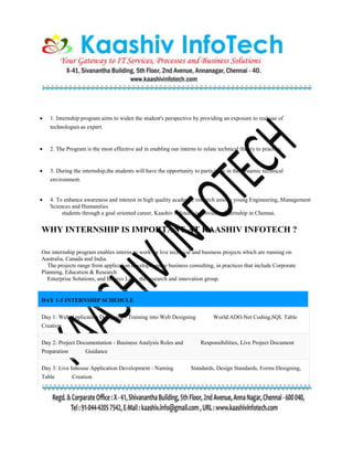  1. Internship program aims to widen the student's perspective by providing an exposure to real use of
technologies as expert.
 2. The Program is the most effective aid in enabling our interns to relate technical theory to practice.
 3. During the internship,the students will have the opportunity to participate in the dynamic technical
environment.
 4. To enhance awareness and interest in high quality academic research among young Engineering, Management
Sciences and Humanities
students through a goal oriented career, Kaashiv Infotech is providing Internship in Chennai.
WHY INTERNSHIP IS IMPORTANT AT KAASHIV INFOTECH ?
Our internship program enables interns to work on live technical and business projects which are running on
Australia, Canada and India.
The projects range from application development to business consulting, in practices that include Corporate
Planning, Education & Research
Enterprise Solutions, and Infosys Labs, the research and innovation group.
DAY 1-5 INTERNSHIP SCHEDULE
Day 1: Web Application Designing - Training into Web Designing World/ADO.Net Coding,SQL Table
Creation
Day 2: Project Documentation - Business Analysis Roles and Responsibilities, Live Project Document
Preparation Guidance
Day 3: Live Inhouse Application Development - Naming Standards, Design Standards, Forms Designing,
Table Creation
 