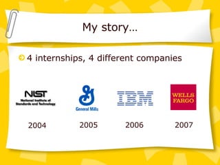 My story… 4 internships, 4 different companies 2004 2005 2006 2007 